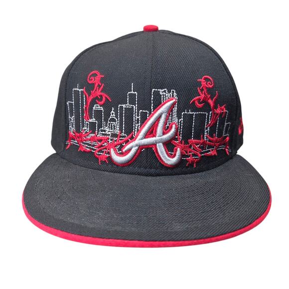 NEW ERA‎ 59Fifty Atlanta Braves Black Red Graphic Fitted 7 1/4 Baseball Cap Hat - Picture 2 of 6